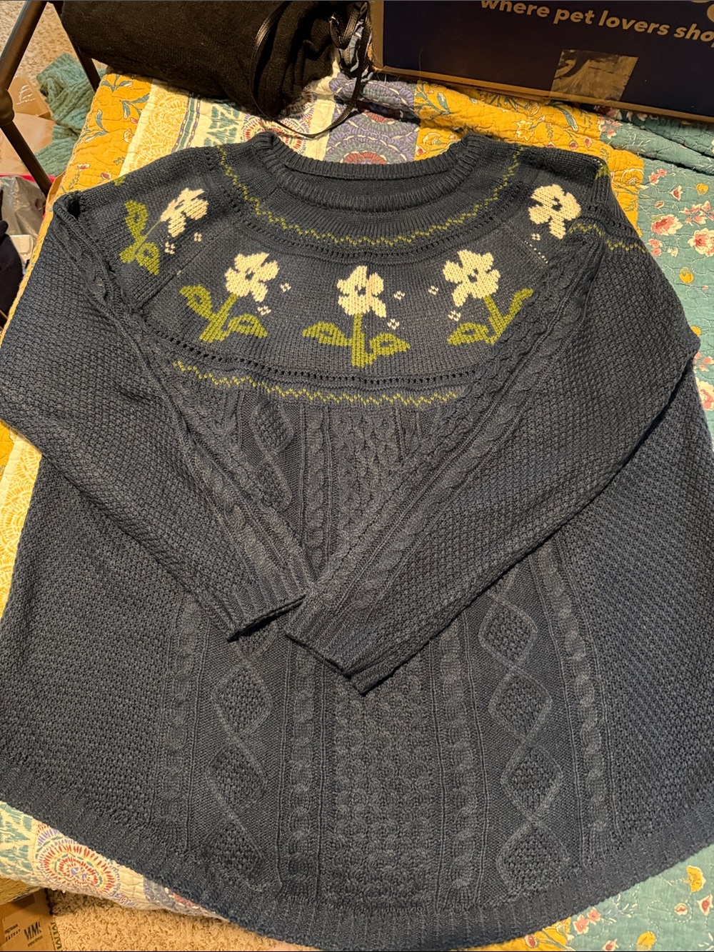 BloomChic Navy Cable Knit Crewneck Sweater with Cream & Green Floral Yoke